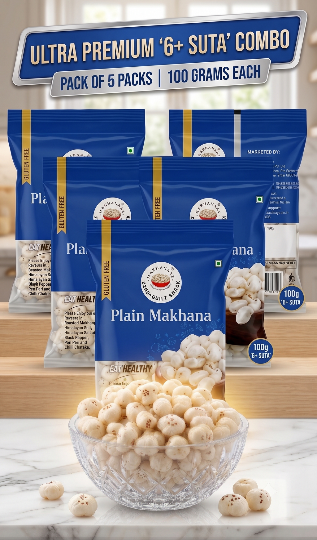 Makhanaaz Plain Makhana Popped Fox Nuts 100g x 5 Bags- mixed quality