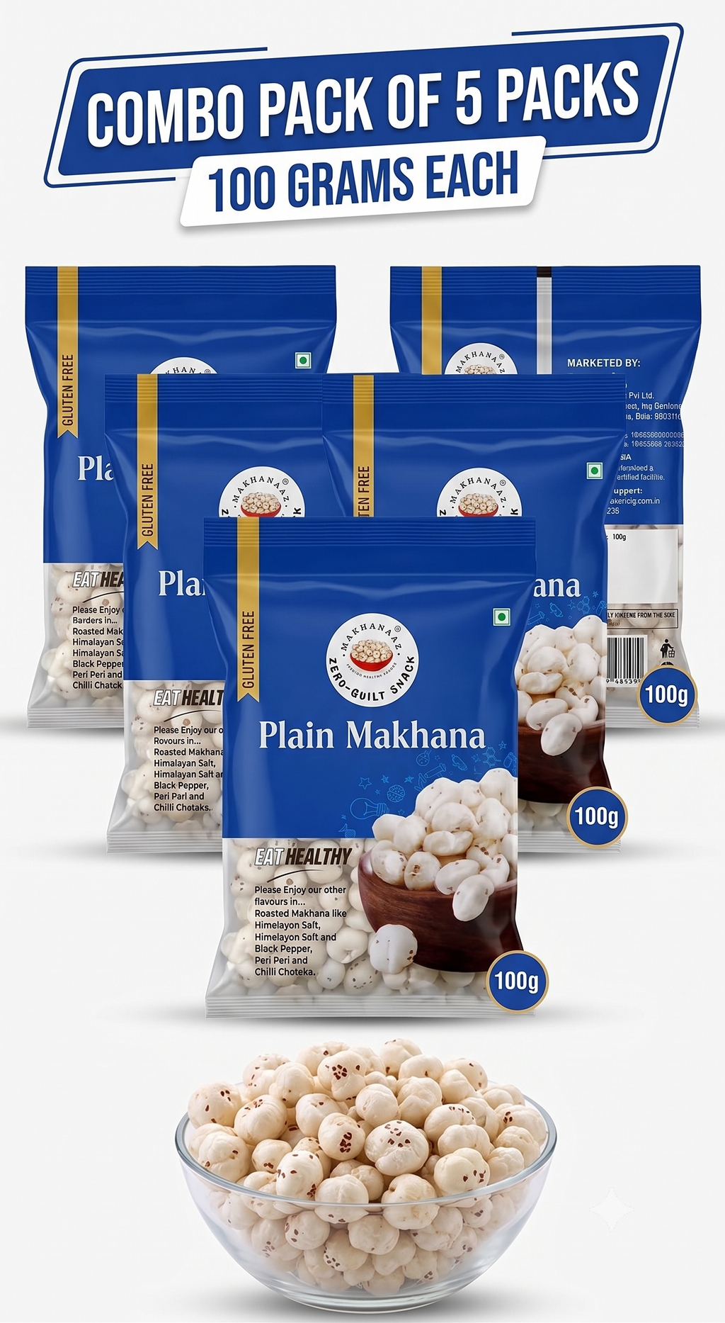 Makhanaaz Plain Makhana Popped Fox Nuts 100g x 5 Bags- mixed quality