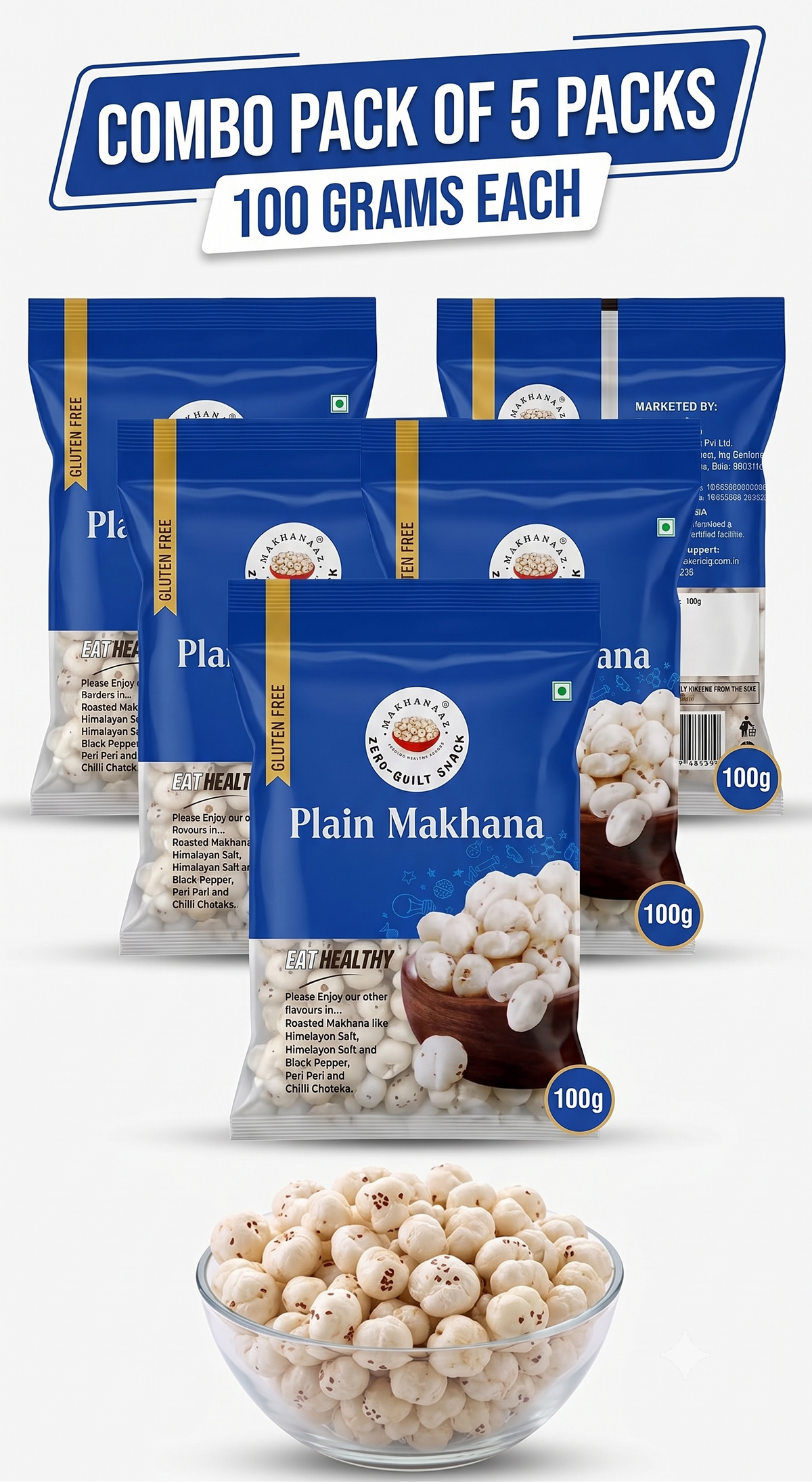 Makhanaaz Plain Makhana Popped Fox Nuts 100g x 5 Bags- mixed quality