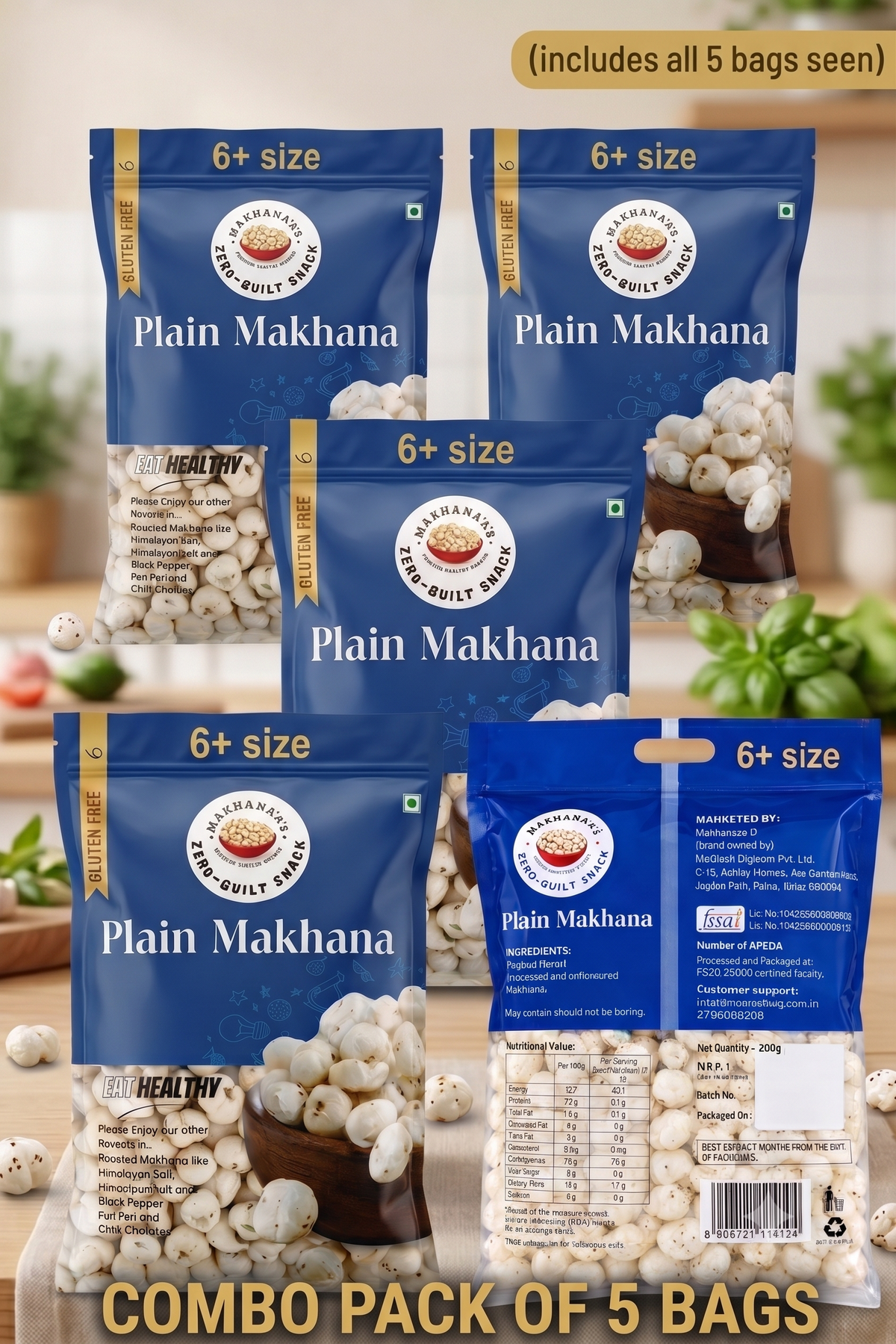 Makhanaaz Jumbo 6+ Size Plain Phool Makhana 1kg Combo (200g × Pack of 5) for fasting